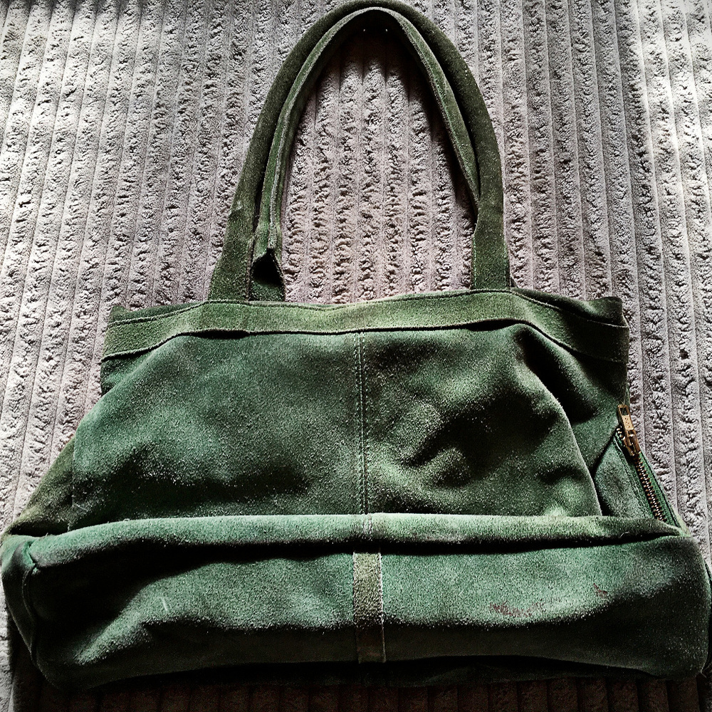 Artisan Green Suede Leather Tote Bag India Multi Pocket Shoulder Bag - Picture 3 of 4